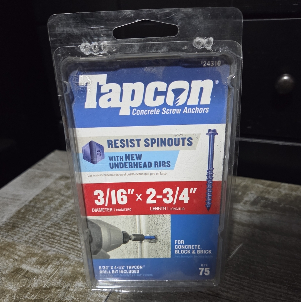 Tapcon Concrete Screw Anchors, specifically the 3/16" x 2-3/4" size (Model #2431